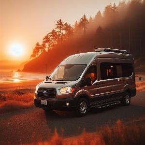 Ford Transit 350 HD extended camper van, van life in Mendocino at sunset-7
